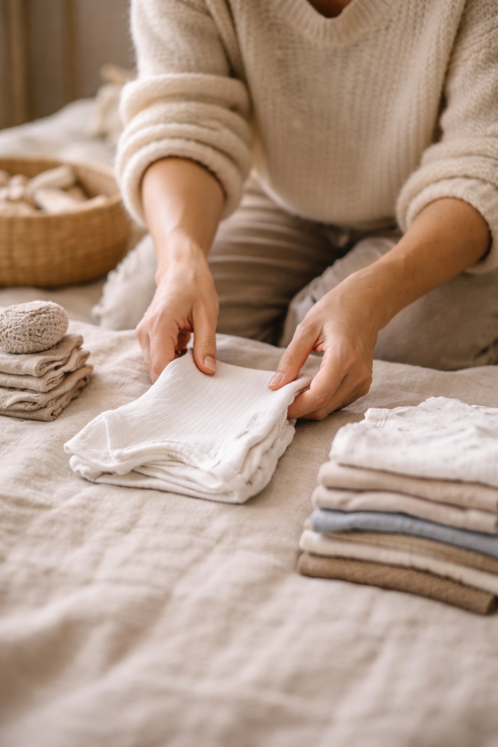 A parent folding a small pre-loved baby singlet on a linen bed