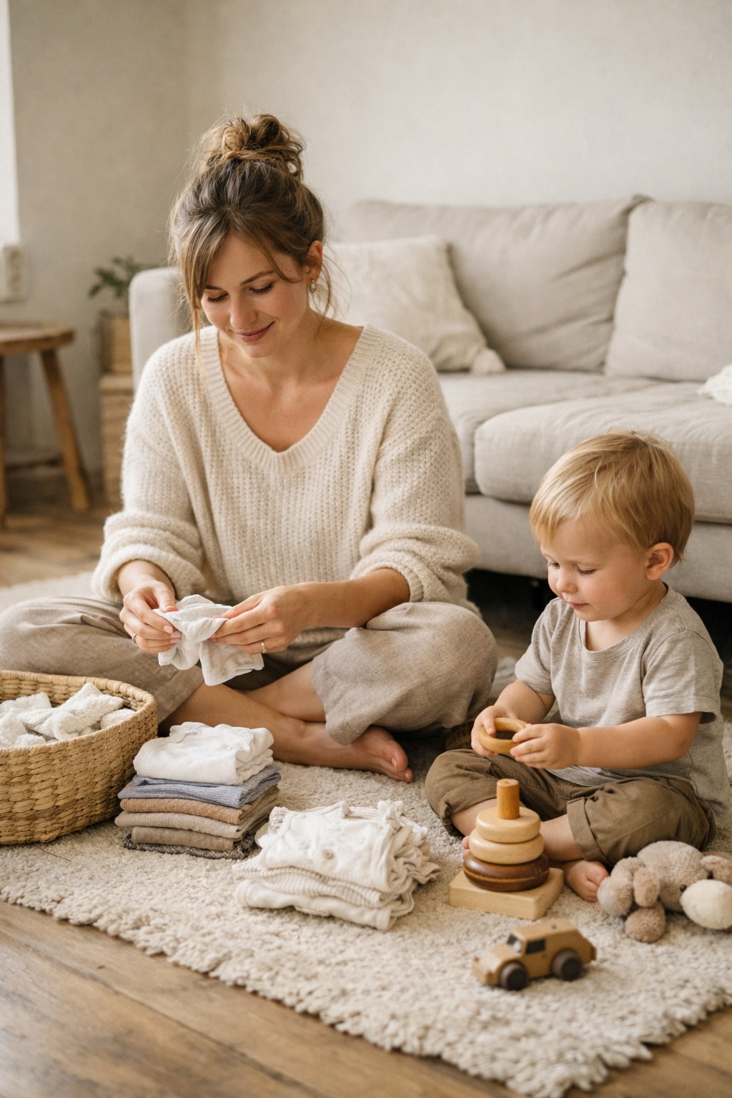 A parent sorting folded kids clothes on the floor with their toddler